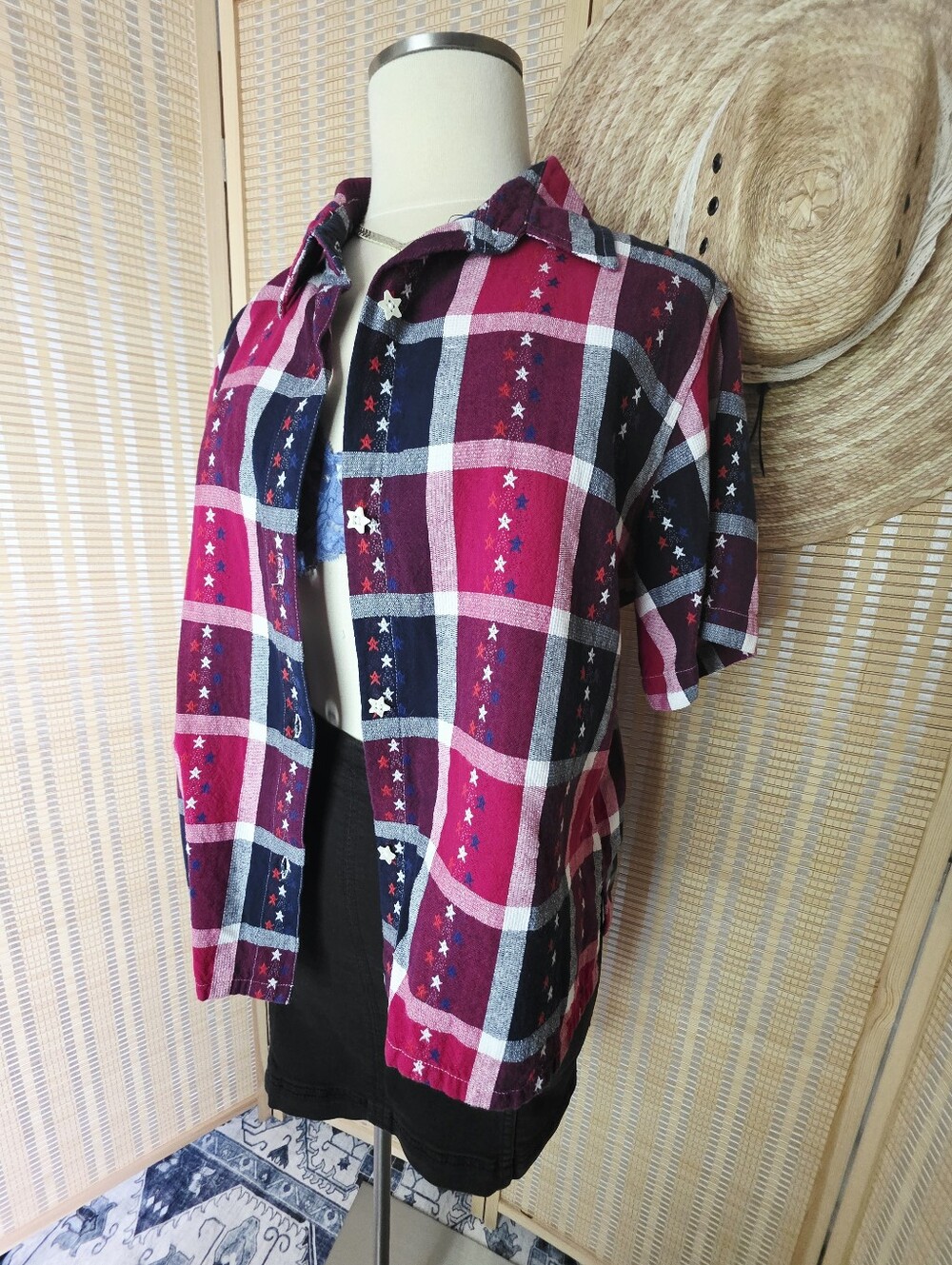100% Cotton Red White & Navy Blue Plaid Shirt w/ Embroidery, Star Buttons, XL